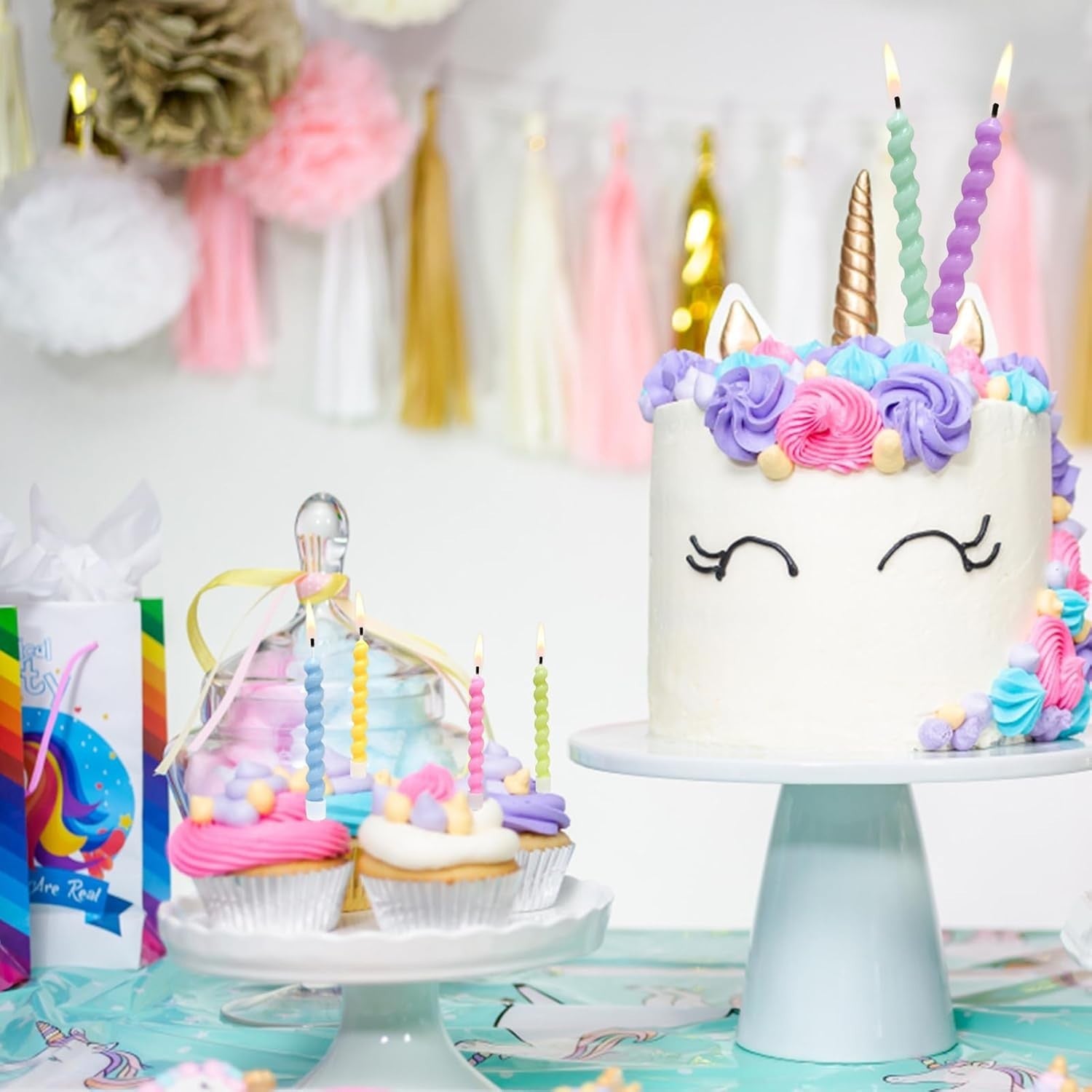 12pcs Rainbow Spiral Birthday Cake Candles with Holders Party Decoration5