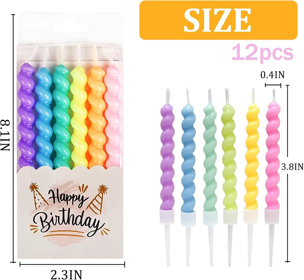 12pcs Rainbow Spiral Birthday Cake Candles with Holders Party Decoration4