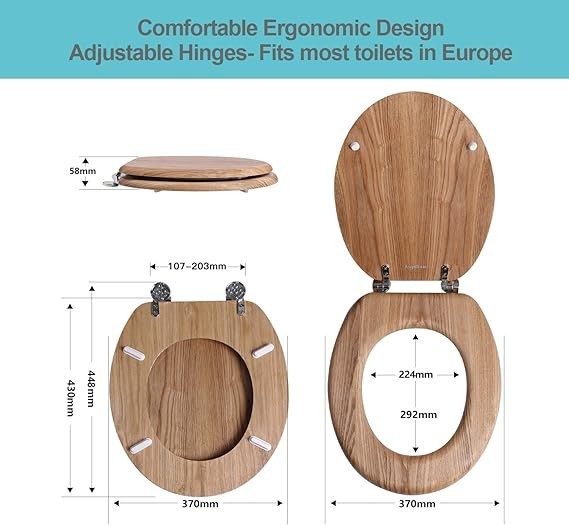 Angel Shield Solid Oak Wooden Toilet Seat Oval Adjustable Hinges Easy Fit1