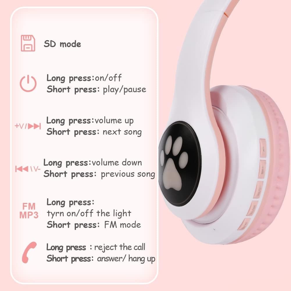 AXFEE Kids Bluetooth Headphones Cat Ear LED 105dB Over Ear Pink AKS-283