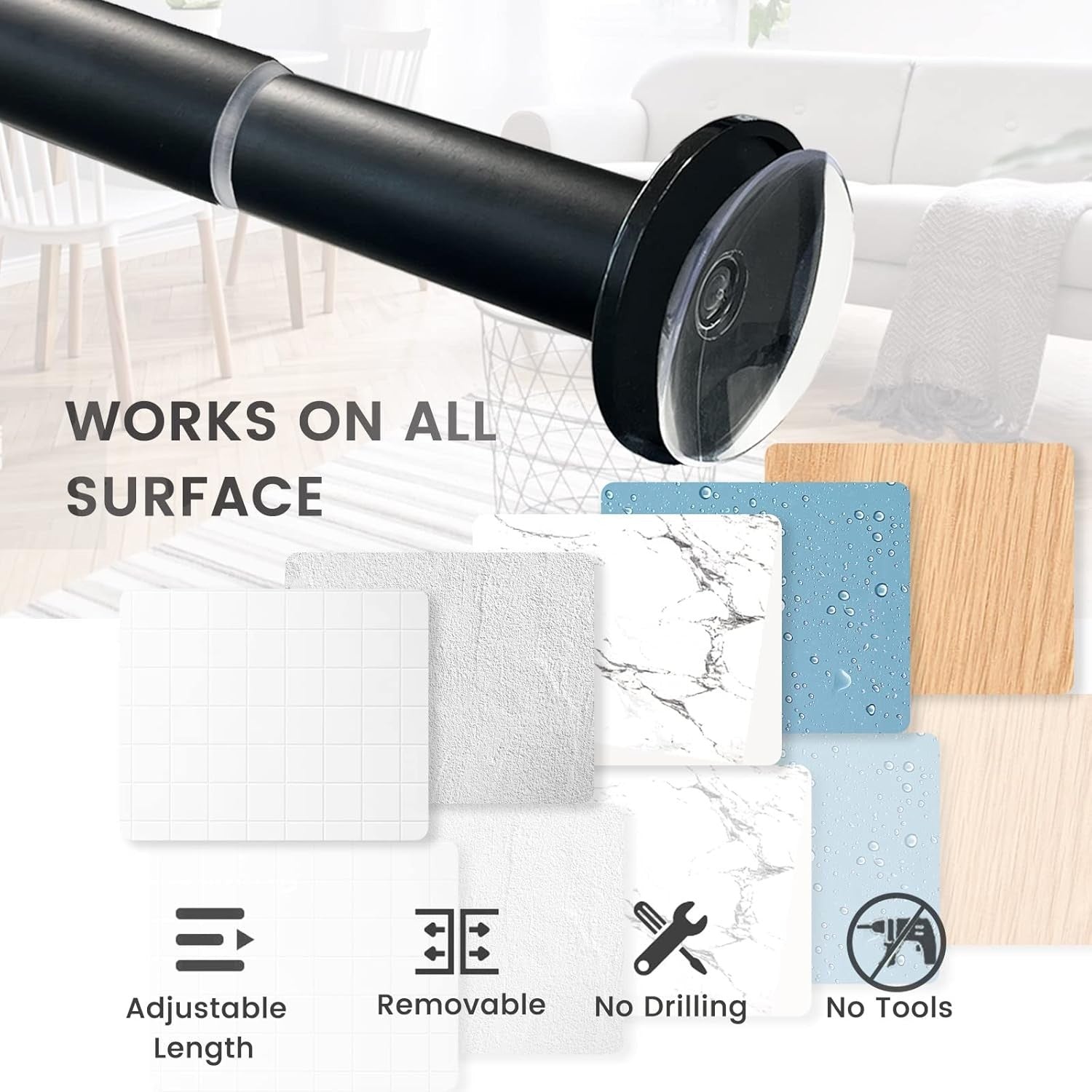 Bicolic Extendable Shower Curtain Pole No Drill Tension Rod 140–250cm Black3