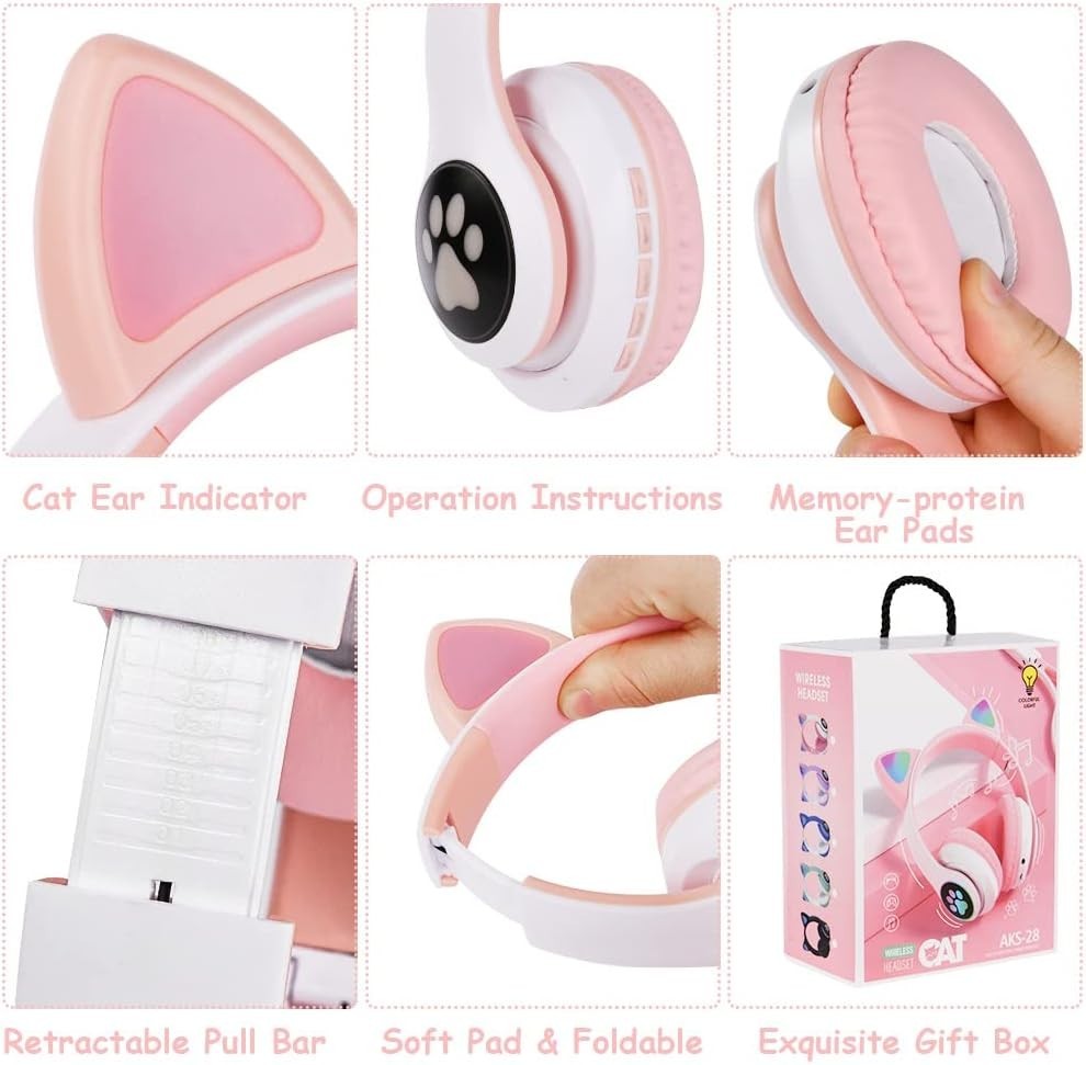 AXFEE Kids Bluetooth Headphones Cat Ear LED 105dB Over Ear Pink AKS-284