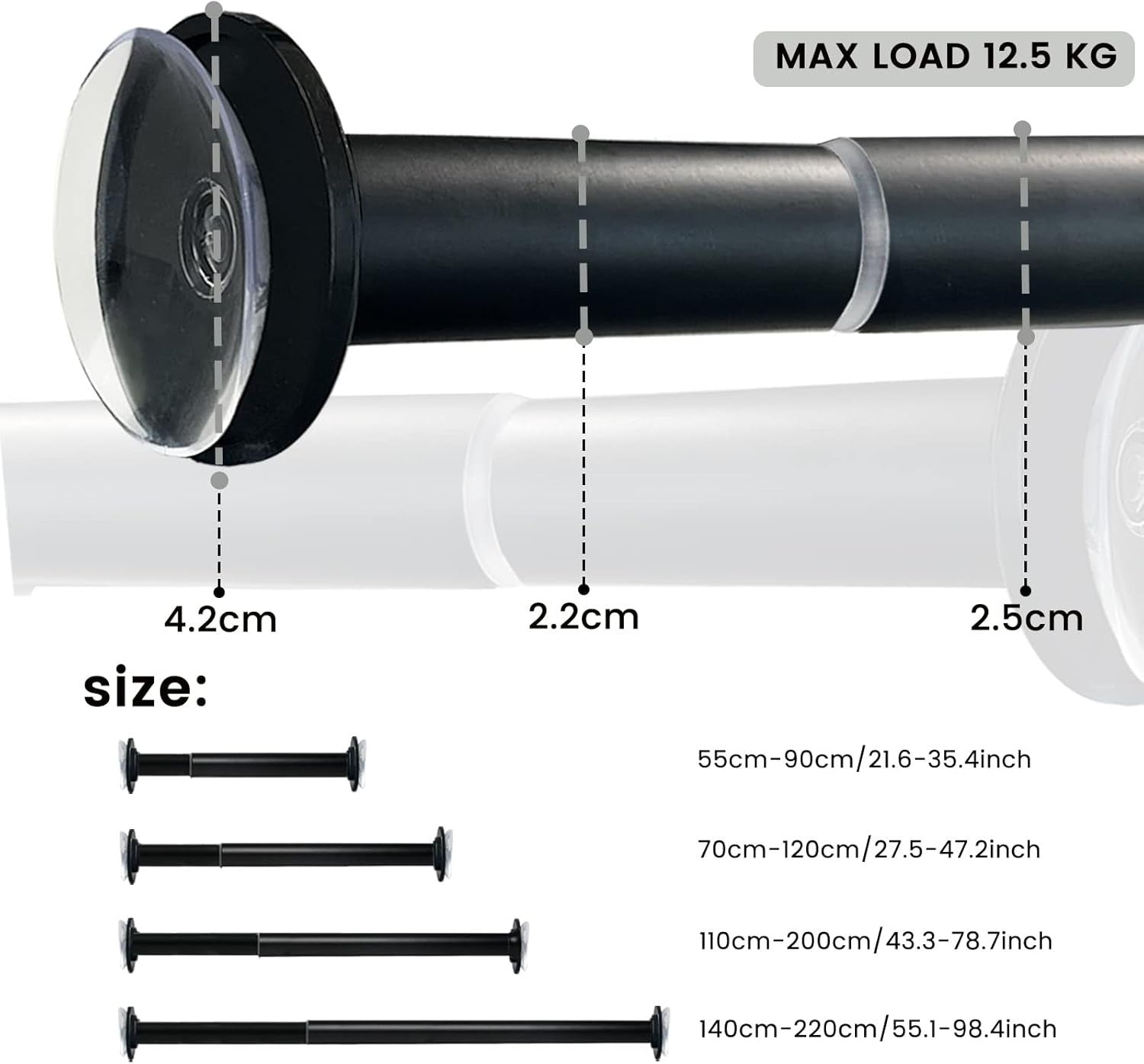 Bicolic Extendable Shower Curtain Pole No Drill Tension Rod 140–250cm Black1