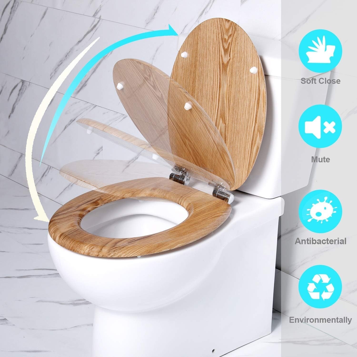 Angel Shield Solid Oak Wooden Toilet Seat Antibacterial Adjustable Hinges Oval2