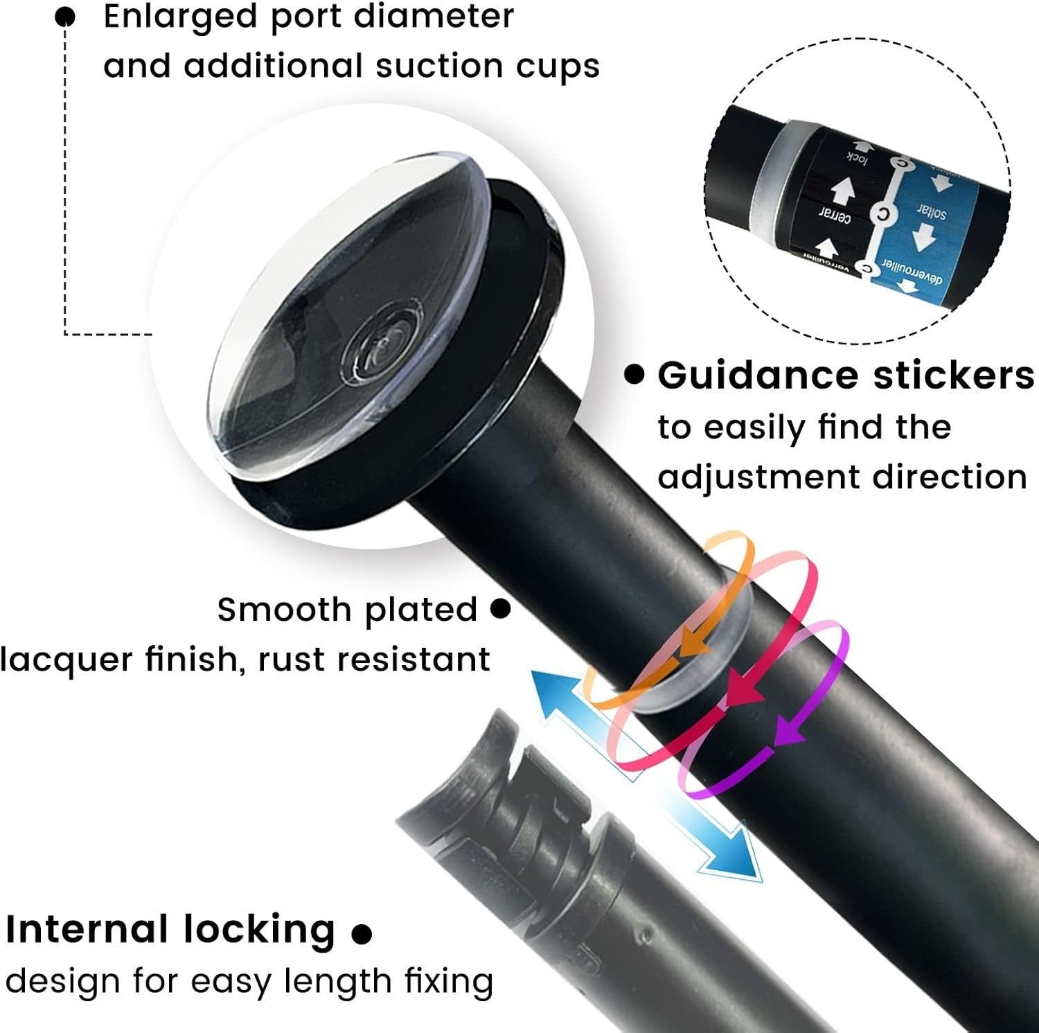 Bicolic Extendable Shower Curtain Pole No Drill Tension Rod 140–250cm Black2