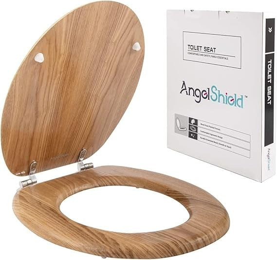 Angel Shield Solid Oak Wooden Toilet Seat Oval Adjustable Hinges Easy Fit0