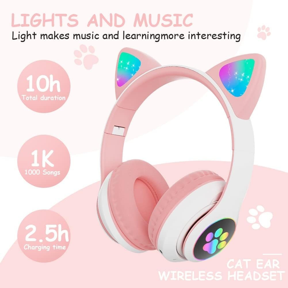 AXFEE Kids Bluetooth Headphones Cat Ear LED 105dB Over Ear Pink AKS-282