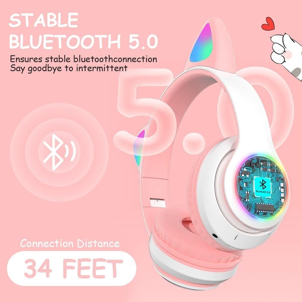 AXFEE Kids Bluetooth Headphones Cat Ear LED 105dB Over Ear Pink AKS-281