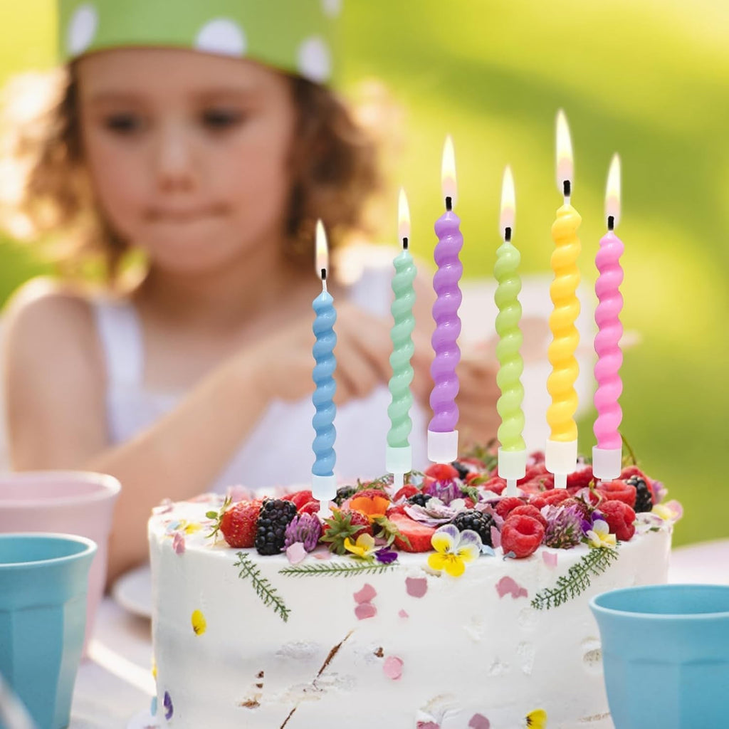 12pcs Rainbow Spiral Birthday Cake Candles with Holders Party Decoration2