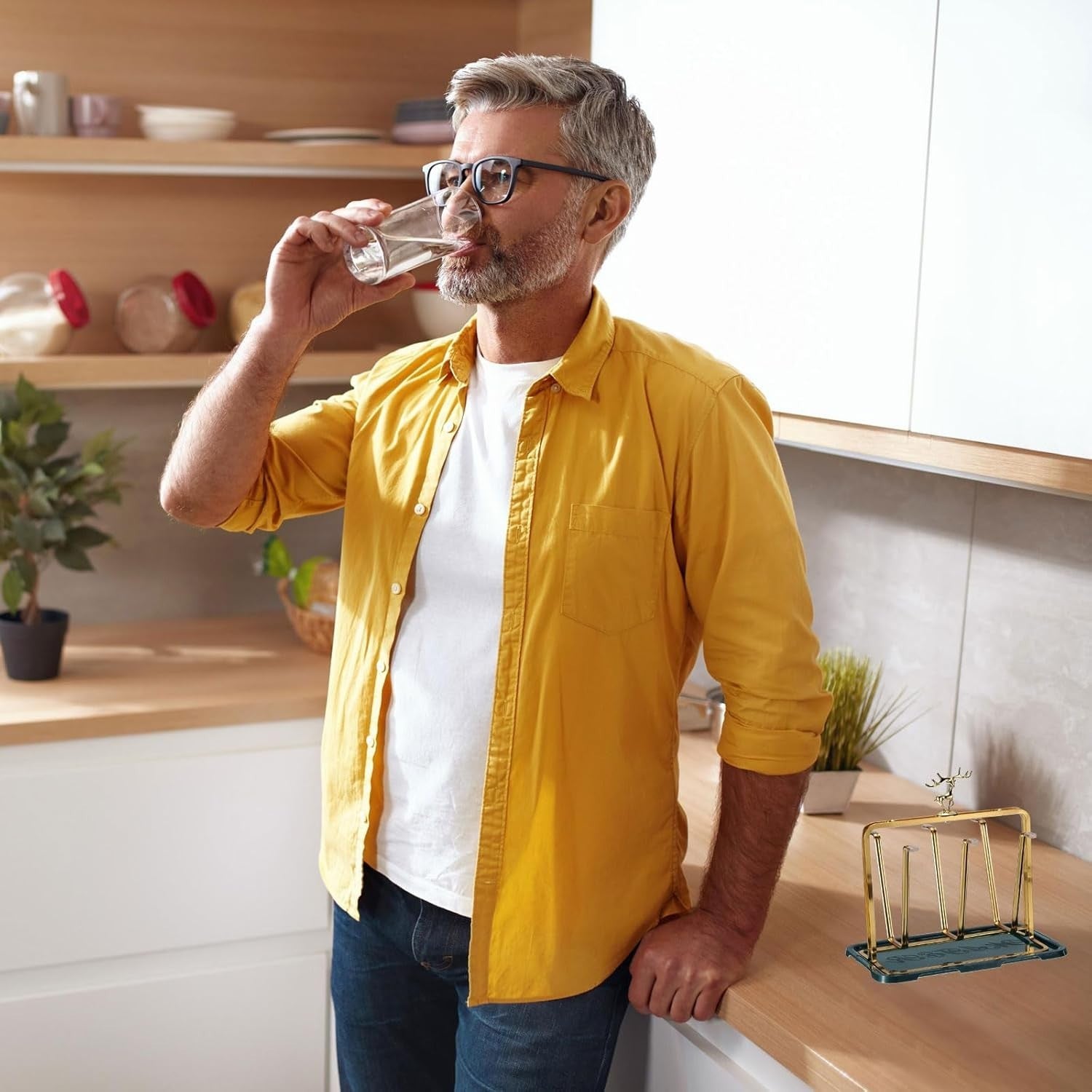 6 Cup Mug Drying Rack with Drain Tray Stainless Steel Countertop Gold4